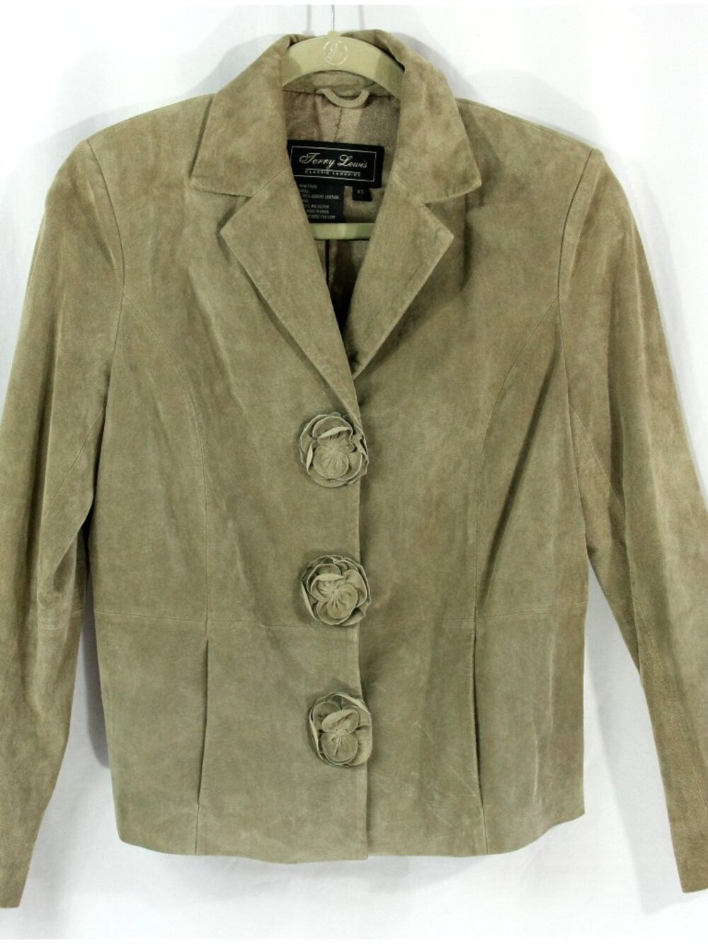 Vintage Terry Lewis Beige Suede Floral Rose Detail Snap Front Jacket XS 2000s